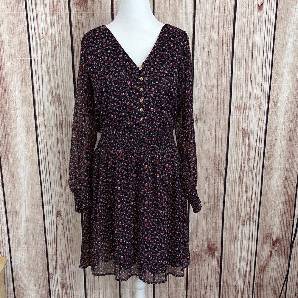 LOFT Black and Red Floral Long Sleeve Dress